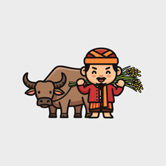 Happy farmer with buffalo carrying harvested rice stalks, symbolizing agriculture and rural life