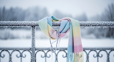 Pastel Scarf on Icy Railing in Winter Landscape.