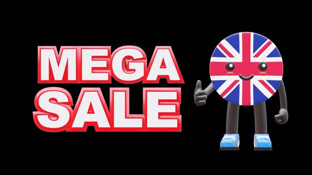 Cute 3D United Kingdom flag mascot promoting big mega sale event with bold red text and happy expression.