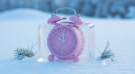 Pink Alarm Clock in Winter Wonderland - A Time for Serenity.