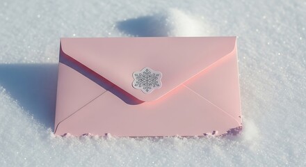 Pink Envelope with Snowflake Seal on Snow, Winter Greeting.