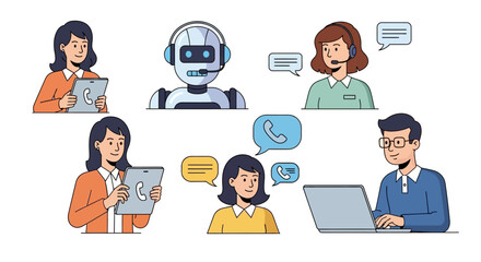 customer service team a robot alongside human agents assisting customers with varied communication promoting omnichannel support and efficient solutions