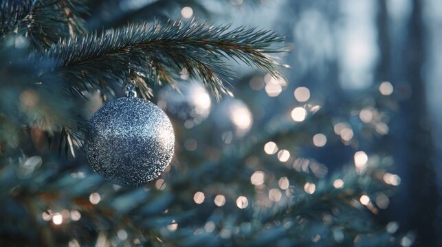 silver tinsel and ornaments sparkling on pine tree,