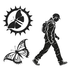 Man with backpack and butterflies grunge style illustration