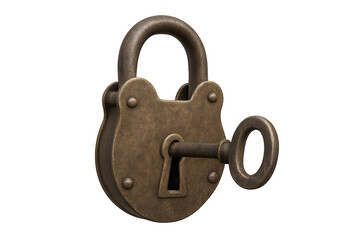 Old rusty padlock with a vintage key inserted into the keyhole, symbolizing security, solution, or new opportunities