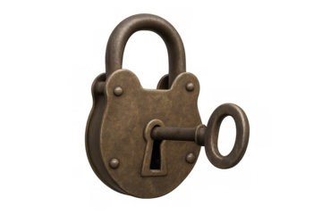 Old rusty padlock with a vintage key inserted into the keyhole, symbolizing security, solution, or new opportunities
