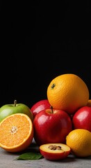 A vibrant collection of fresh, ripe orchard fruits, showcasing natural abundance and healthy seasonal harvest. Perfect for food themes ,nature's candy ,Orchard ,background