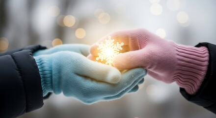 Sharing Winter Warmth - Two Hands Holding a Glowing Snowflake.