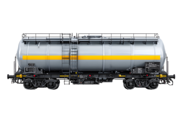 Silver industrial freight train tanker with yellow stripe and detailed machinery