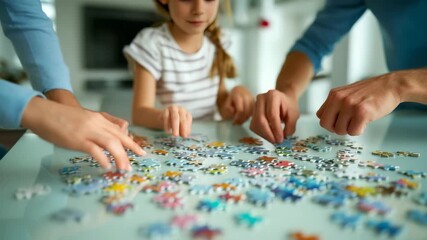 Close up view of multiple hands piecing together a vibrant puzzle on a glass table, highlighting connection and cooperation. The scene captures leisure, creativity, and quality family time - Powered by Adobe