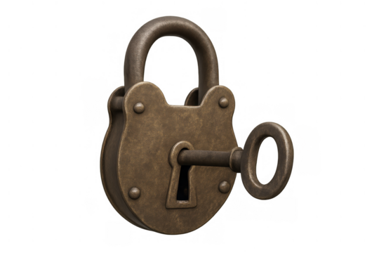 Old rusty padlock with a vintage key inserted into the keyhole, symbolizing security, solution, or new opportunities