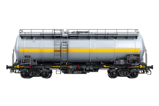 Silver industrial freight train tanker with yellow stripe and detailed machinery