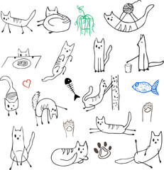 Funny cats hand-drawn in different poses and deeds, children's drawing style