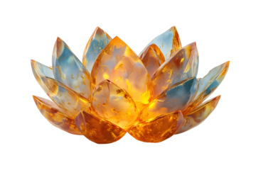 Radiant amber and blue lotus sculpture with translucent petals