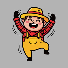 Happy Farmer Cartoon Character Dancing with Joyful Expression and Raised Arms