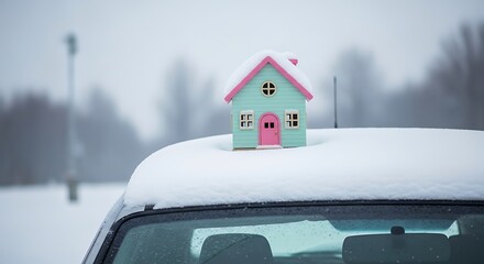 Toy House on Snowy Car Roof - Winter Home Concept.