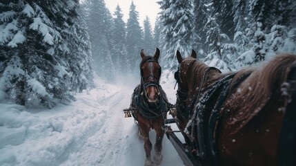 sleigh ride through pine forest with bells jingling and horses,