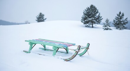 Vintage Sled in Snowy Landscape - Winter Scene with Trees.