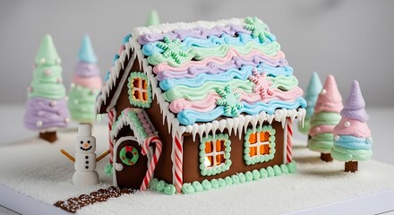 Whimsical Gingerbread House with Pastel Icing and Candy Decorations.