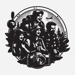 People hiking logo engraving style design template 