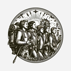 People hiking logo engraving style design template 