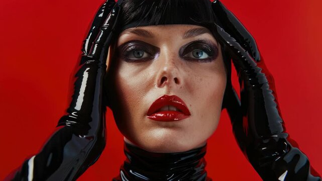 A woman models a dominatrix outfit against a red background with her hands on her head, wearing bold red lipstick and dramatic eye makeup.