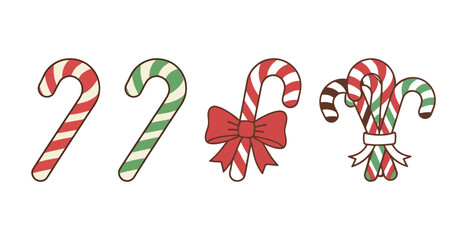 Set of festive Christmas candy cane vector illustrations with red, white, and green stripes, including variations with red bows and a bundle tied with a ribbon