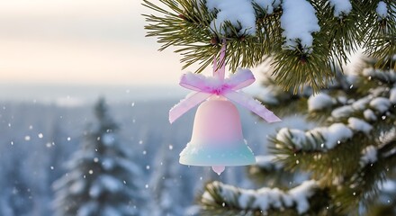 Winters Charm - A Delicate Bell Ornament on a Snow-Kissed Pine Branch.