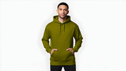 Obraz premium Young man in olive green hoodie, hands in pocket, looking ahead