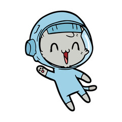 Naklejka premium Happy Cartoon Cat Astronaut Soaring in Space, Smiling with Joy, Vector Illustration for Fun