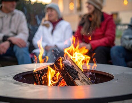 Cozy fire pit gathering; flames dance amidst blurred faces