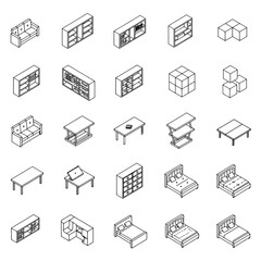 Fototapeta premium Isometric furniture icons creating modular interior designs with beds tables and shelves for modern home furnishing plans architectural presentations.