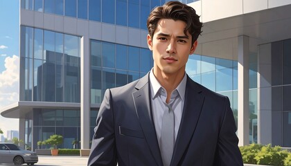 Successful Businessman Posing in Front of a Modern Office Building