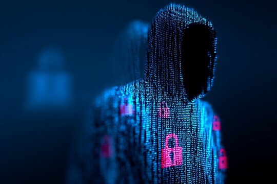 Mysterious hooded figure formed from digital code with glowing red locks symbolizes cyber threat and data security risks.