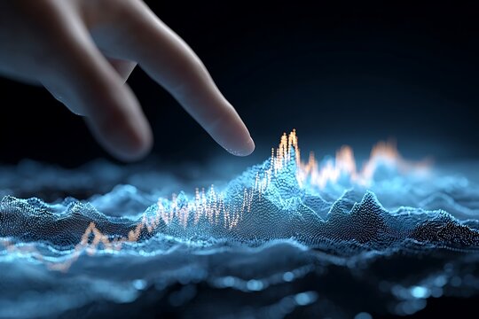 Fingertip interacts with dynamic digital data visualization, exploring complex financial trends and future growth.