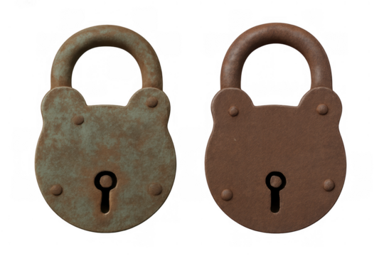 Rusty vintage padlocks depicting security, protection, and old-fashioned closure, with transparent background