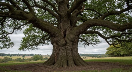Massive ancient oak tree dominates a rolling pastoral landscape under an overcast sky