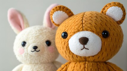 Fototapeta premium Two Plush Toys A White Bunny And A Brown Bear Close Up Portrait Studio Shot