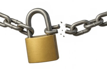 Padlock breaking a metal chain, symbolizing freedom, release, overcoming challenges, escape, and breaking free