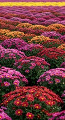 A vibrant expanse of colorful chrysanthemum blooms meticulously planted in rows forming a beautiful floral display for an outdoor setting ,texture ,bright ,flowerbed