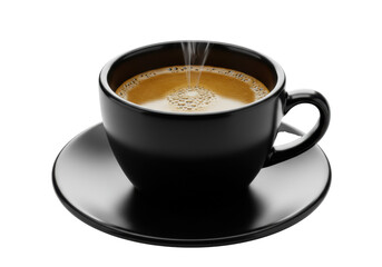 Fototapeta premium ultra-detailed close-up of a glossy black espresso cup with rich crema and steam, high contrast on a transparent reflective surface. concept for luxury commercial photography