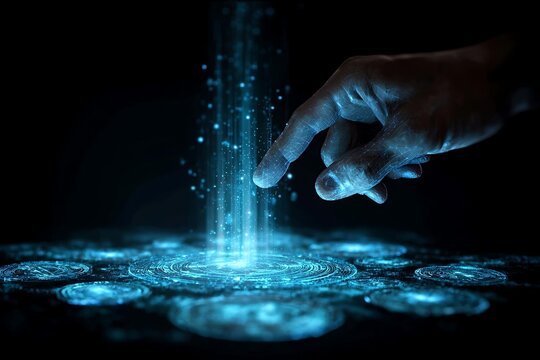 Futuristic hand interacting with glowing digital interface, activating data streams and unlocking innovation in a dark, high-tech environment.