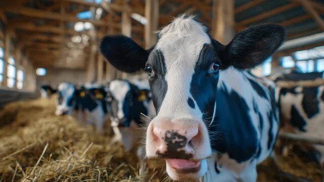 Close-up focus on cow&rsquo;s snout grabbing hay strands, blurred background showing multiple Holstein cows in an orderly dairy farm setup