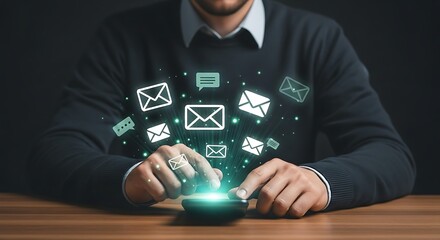 Man's hands interacting with a smartphone projecting glowing email and chat icons, symbolizing digital communication and connectivity.