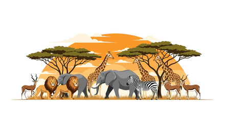 Fototapeta premium Majestic African savanna wildlife featuring lions elephants giraffes zebras and antelopes under a vibrant sunset sky with acacia trees