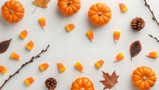 Festive Autumn Harvest Of Miniature Pumpkins And Candy Corn On A Textured White Surface