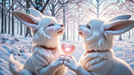 Touching and shy bunnies, a pair of fluffy rabbits with a heart, symbolizing love, warmth, and romance. - Powered by Adobe