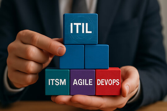 ITIL Information Technology Infrastructure Library Concept. ITSM IT Service Management Lean, Agile and DevOps Technology new