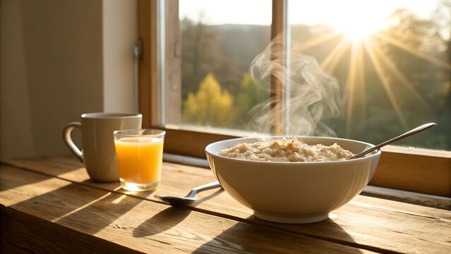 Steaming Bowl Of Oatmeal With Orange Juice And Coffee Mug On Wooden Window Sill At Sunrise