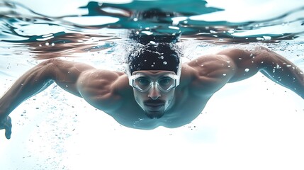 Underwater view of a muscular swimmer wearing goggles and a cap swimming in a clear blue pool